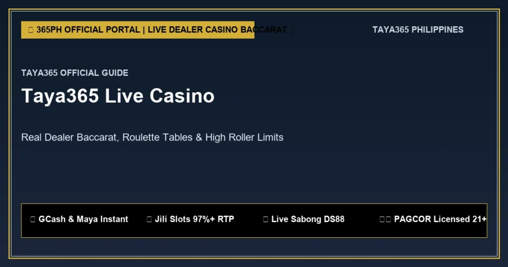 Official Taya365 Philippines taya365 casino banner guide displaying real-time gaming interface, GCash cash-out, and 24/7 access on smartphone